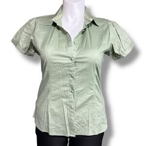 Love Potion Womens Blouse Button Down Shirt Short Puffed Sleeves Green Large